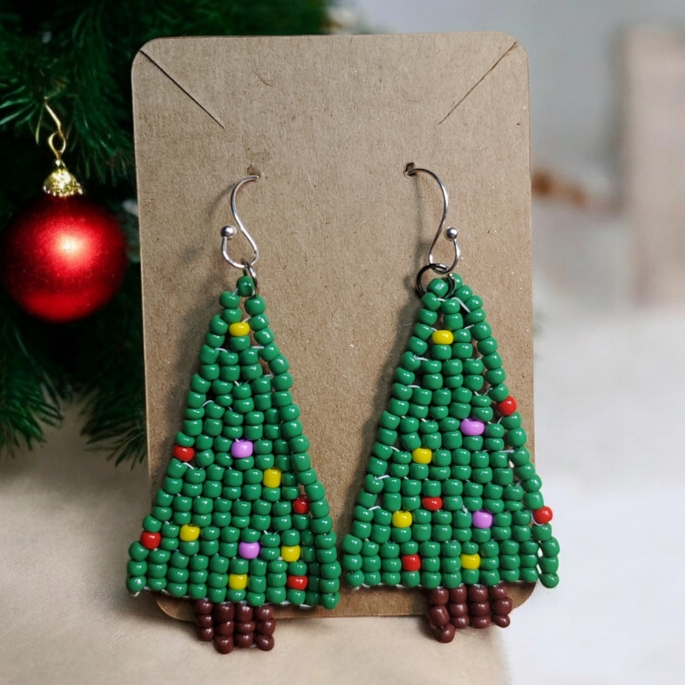 HANDCRAFTED Green Beaded Christmas Trees